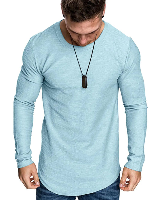 Fashion Mens T Shirt Muscle Gym Workout Athletic Shirt Cotton Tee Shirt Top Skyblue-long Small