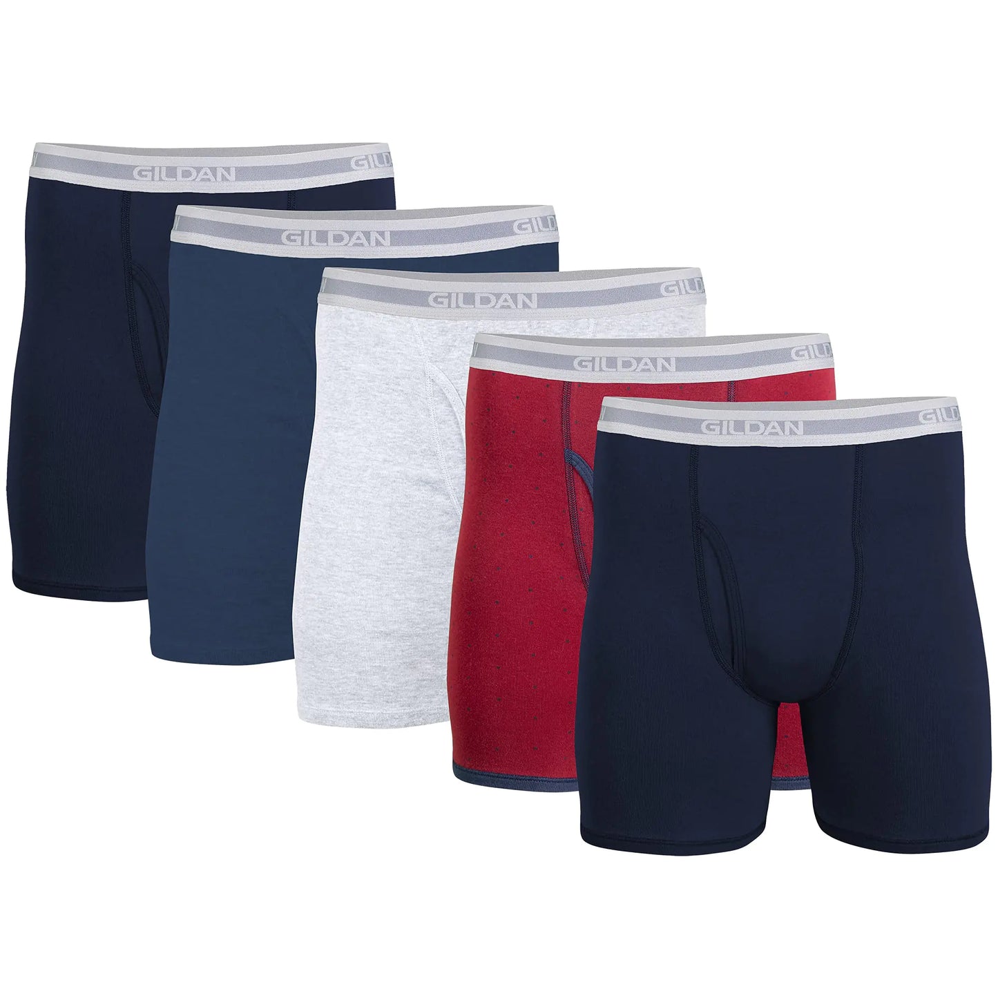 Gildan Mens Underwear Boxer Briefs, Multipack Large Navy/Heather Navy/Sport Grey/Dot/Navy (5-pack, Classic Length) 5