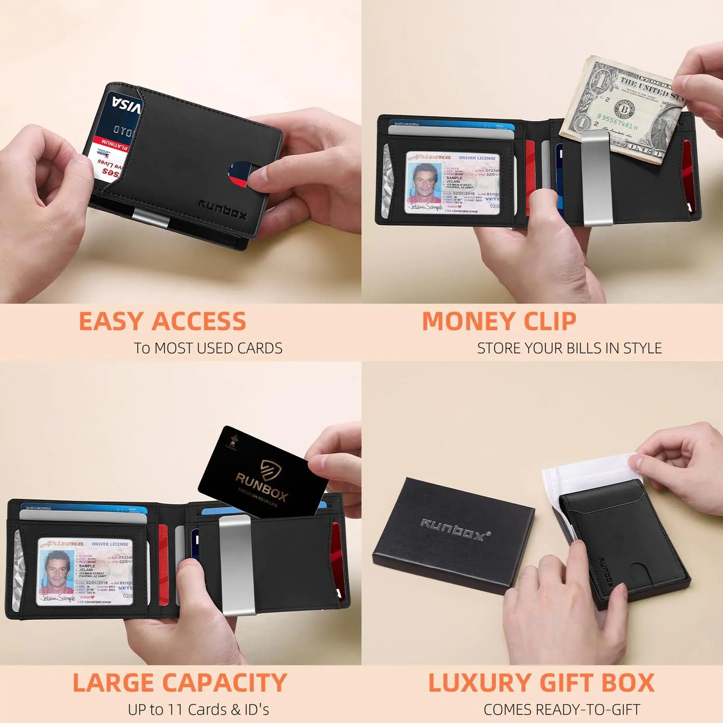 RUNBOX Slim Wallets for Men - Leather Money Clip Mens Wallet - RFID Blocking Front Pocket Bifold Wallet - Thin Credit Card Holder with Gift Box Bicolor Crazy Horse Black