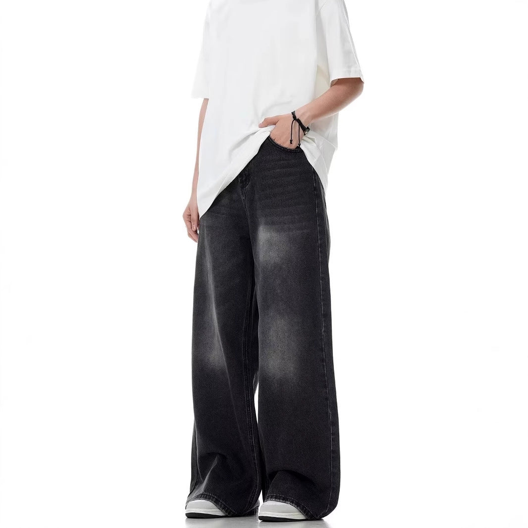 Washed Distressed Straight Loose Retro Black Jeans