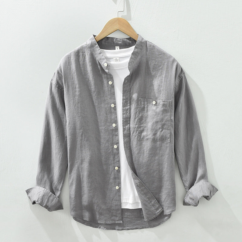 Stand Collar Long Linen Sleeves Shirt Casual Loose