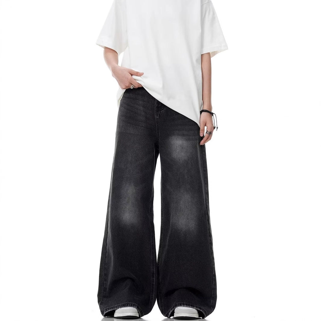 Washed Distressed Straight Loose Retro Black Jeans