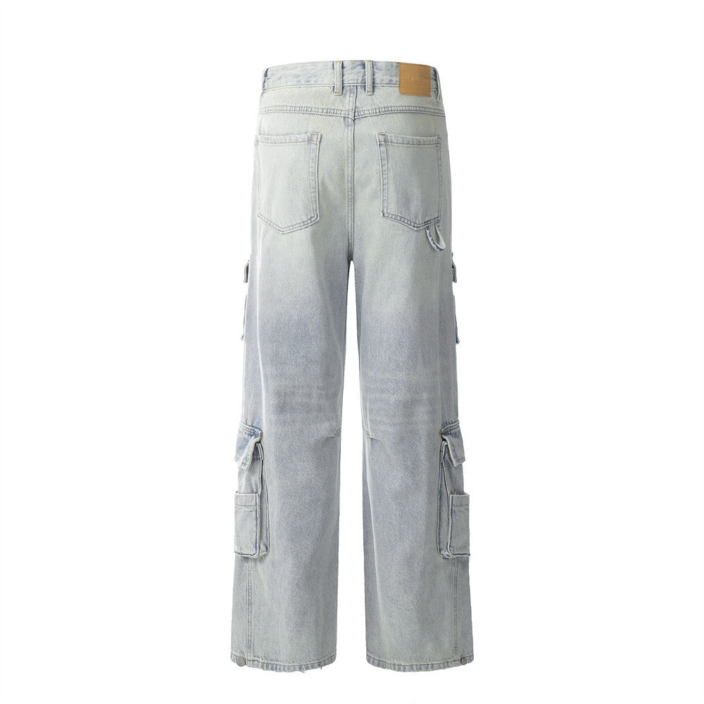 Light Color Denim Overalls Men's Multi-pocket Wide-leg Straight Trousers