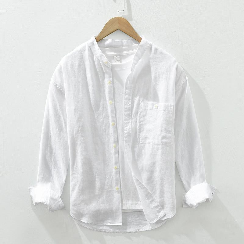 Stand Collar Long Linen Sleeves Shirt Casual Loose