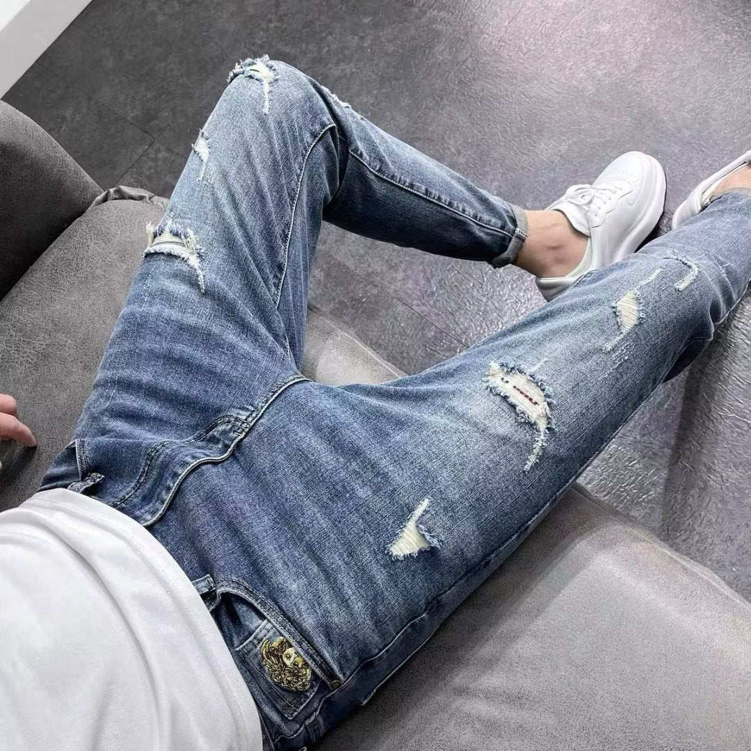 Spring And Autumn New Men's Fashion Ripped Jeans Skinny Pants Trendy Brand Pants Spring And Autumn Thin