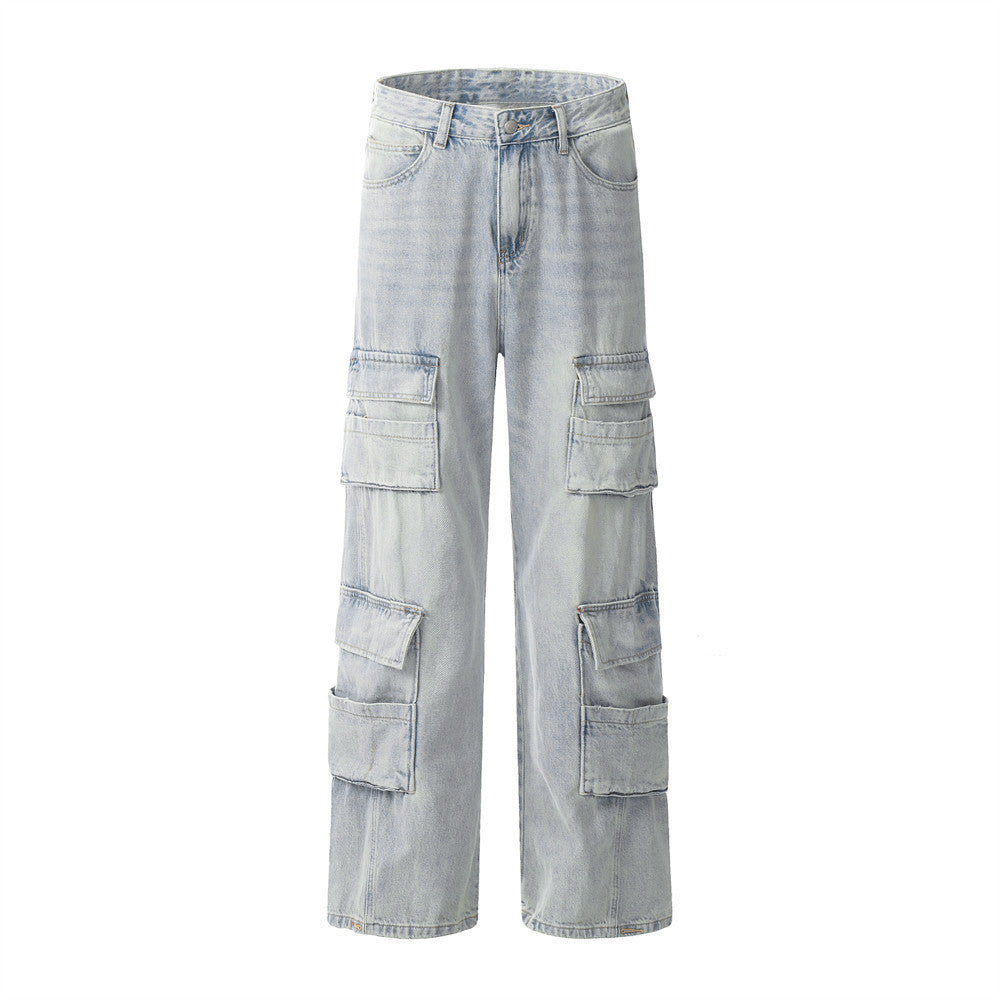 Light Color Denim Overalls Men's Multi-pocket Wide-leg Straight Trousers