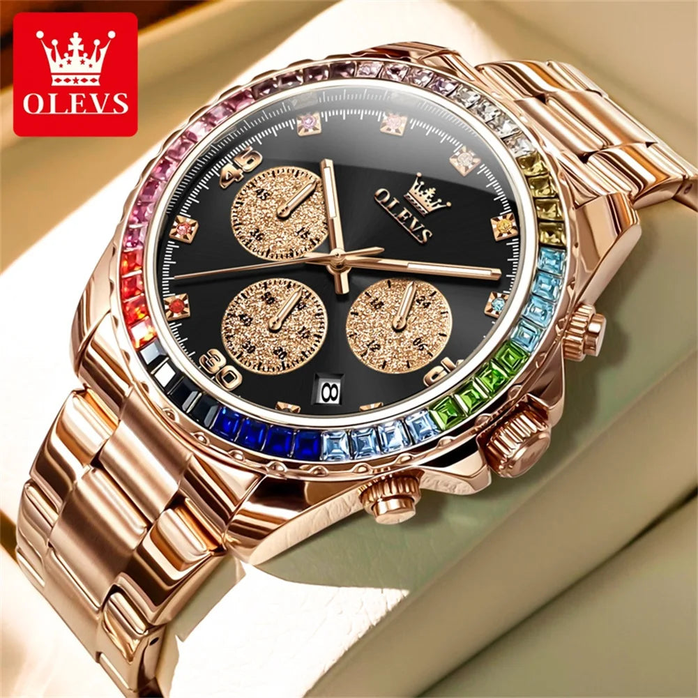 Watch for Men OLEVS Rainbow Gemstone Bezel Business Luxury Top Brand Quartz Watches Waterproof Sports Watches reloj hombre