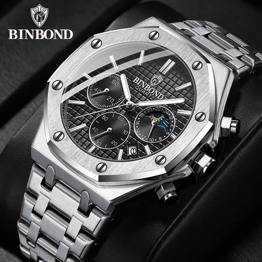 BINBOND Top Brand Man Quartz Watch Luxury Luminous Chronograph Wristwatch Stainless Steel Waterproof Men Date Calendar Clock