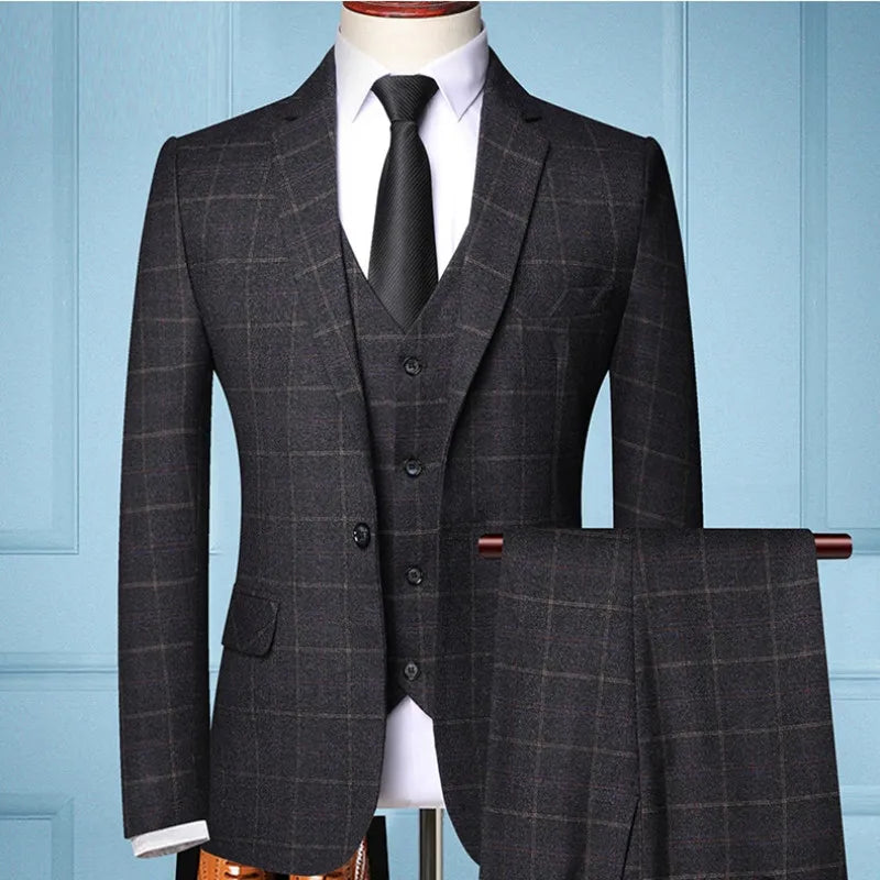 Newly Launched The Explosive Single-breasted Three-piece Plaid Men's Business Fashion Casual One-set Slim Suit Men's Clothing