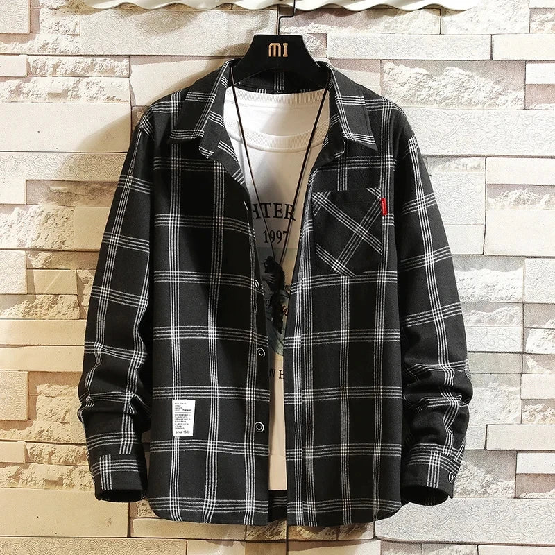 2024 New Summer Men's Plaid Shirt Button Pocket Casual Fashion Elegant Long sleeve Shirt Turn Down Collar