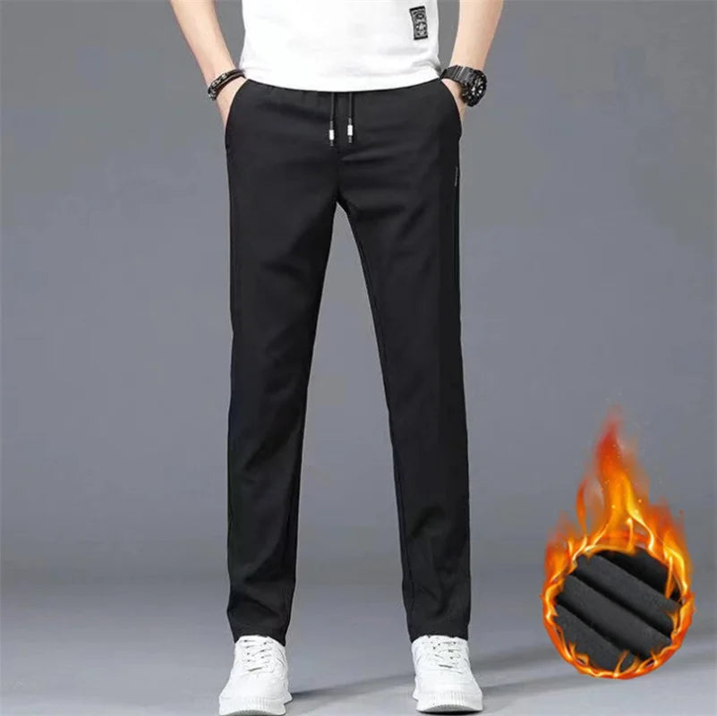 Men's spring and autumn pants 2024 new fleece thickened non-ironing high elastic solid color business straight underpants