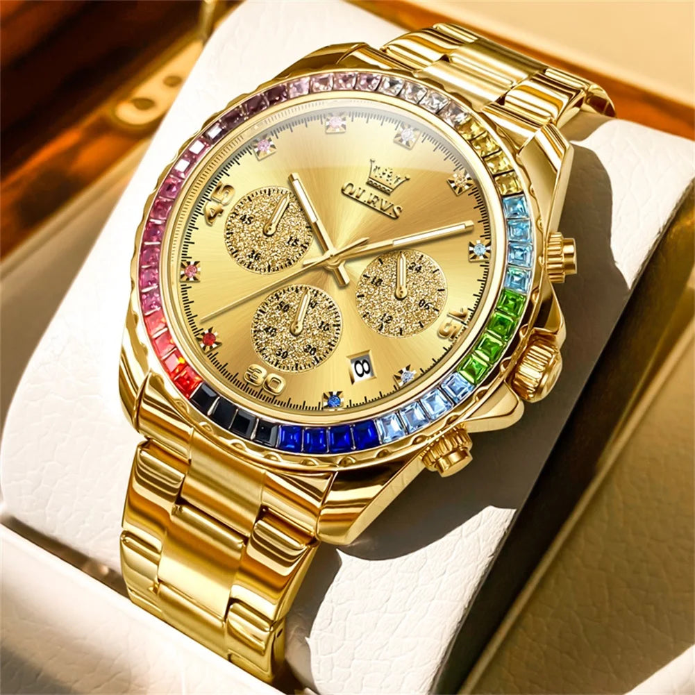 Watch for Men OLEVS Rainbow Gemstone Bezel Business Luxury Top Brand Quartz Watches Waterproof Sports Watches reloj hombre