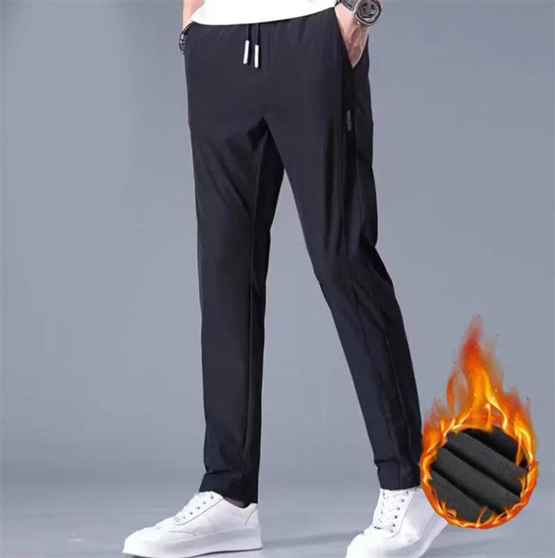 Men's spring and autumn pants 2024 new fleece thickened non-ironing high elastic solid color business straight underpants