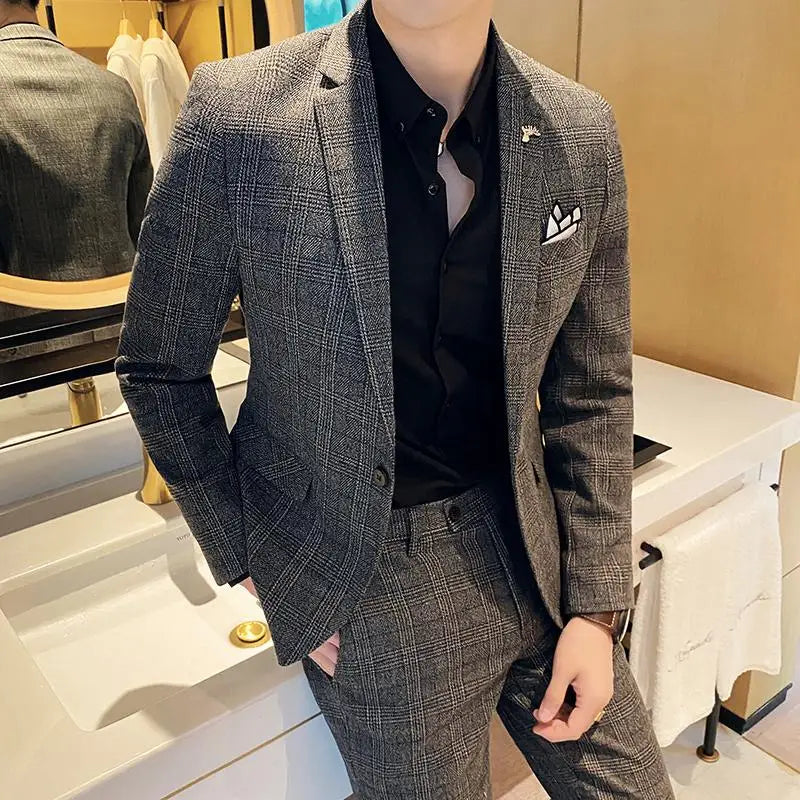 High Quality 2023 Men's (suit + Trousers) Boutique Fashion Business Suit Slim Handsome Trend Banquet Two-piece Set Four Seasons