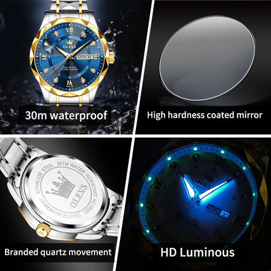 OLEVS Mens Watch Original Fashion Quartz Wristwatch Waterproof Lumi Men Dual Calendar luxury