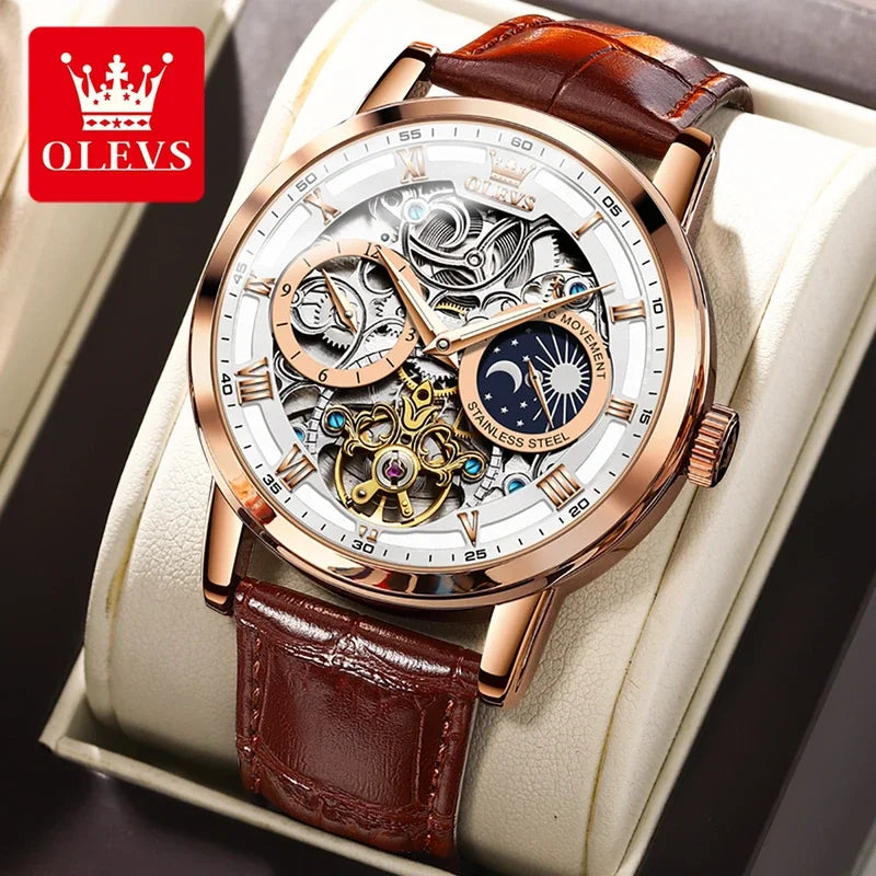 OLEVS 6670 Mechanical Fashion Watch Genuine Leather Watchband Round-dial Moon Phase Month Display