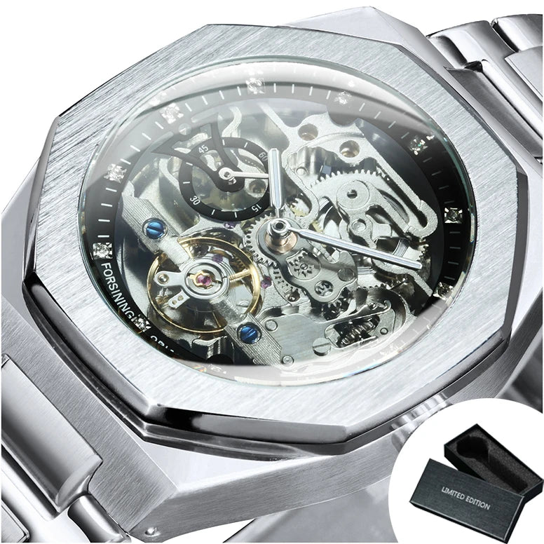 Forsining Silver Automatic Watch Men 3D Diamond Dial Irregular Tourbillon Skeleton Mechanical Wristwatches Luminous Hands Clock