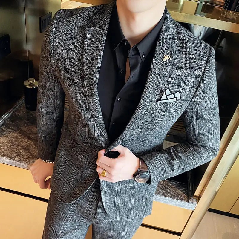 High Quality 2023 Men's (suit + Trousers) Boutique Fashion Business Suit Slim Handsome Trend Banquet Two-piece Set Four Seasons