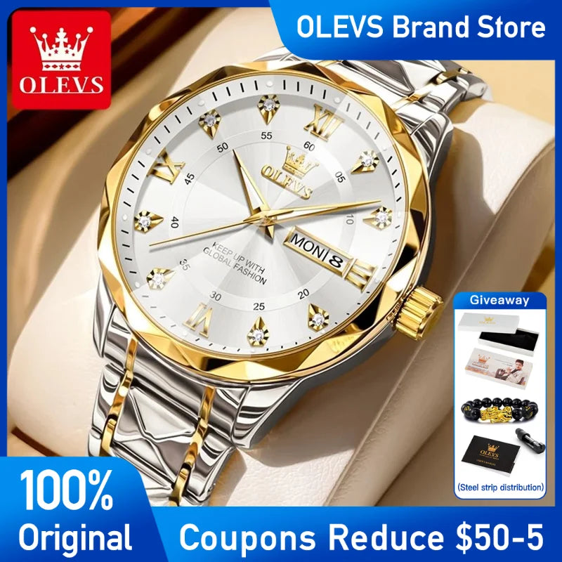 OLEVS Mens Watch Original Fashion Quartz Wristwatch Waterproof Lumi Men Dual Calendar luxury