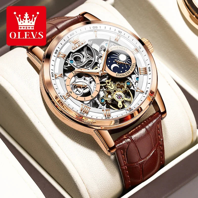 OLEVS 6670 Mechanical Fashion Watch Genuine Leather Watchband Round-dial Moon Phase Month Display