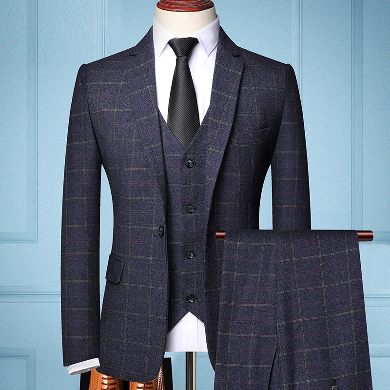 Newly Launched The Explosive Single-breasted Three-piece Plaid Men's Business Fashion Casual One-set Slim Suit Men's Clothing