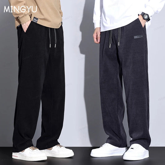 Autumn Winter Stretch Corduroy Pants Men Thick Elastic Waist Korea Baggy Straight Jogger Outdoors Trousers Male Large Size M-5XL