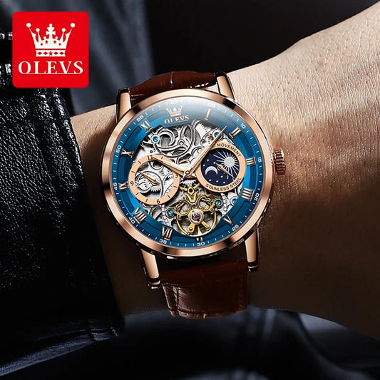 OLEVS 6670 Mechanical Fashion Watch Genuine Leather Watchband Round-dial Moon Phase Month Display