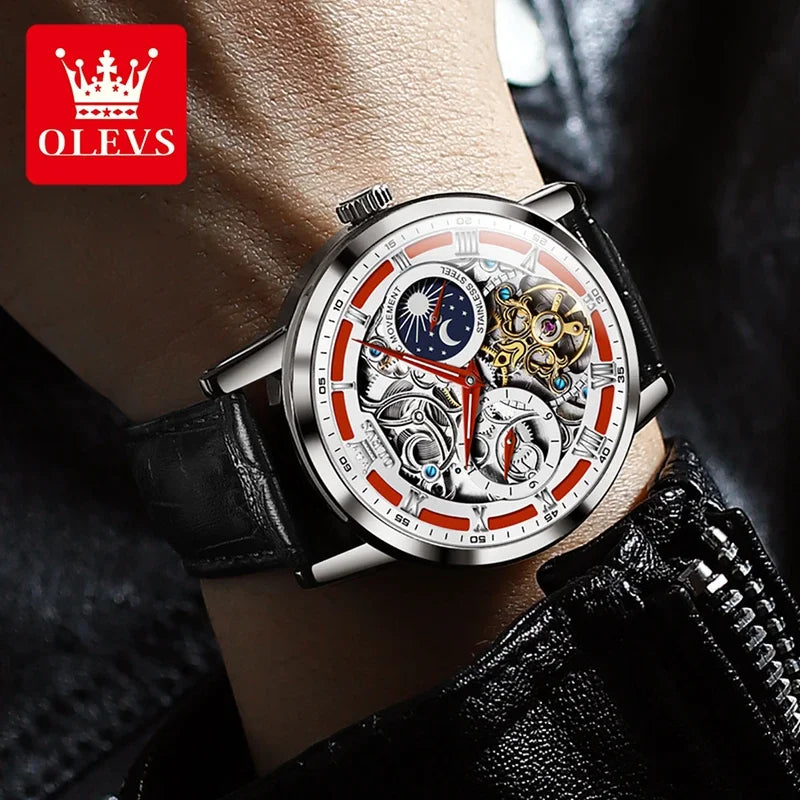 OLEVS 6670 Mechanical Fashion Watch Genuine Leather Watchband Round-dial Moon Phase Month Display