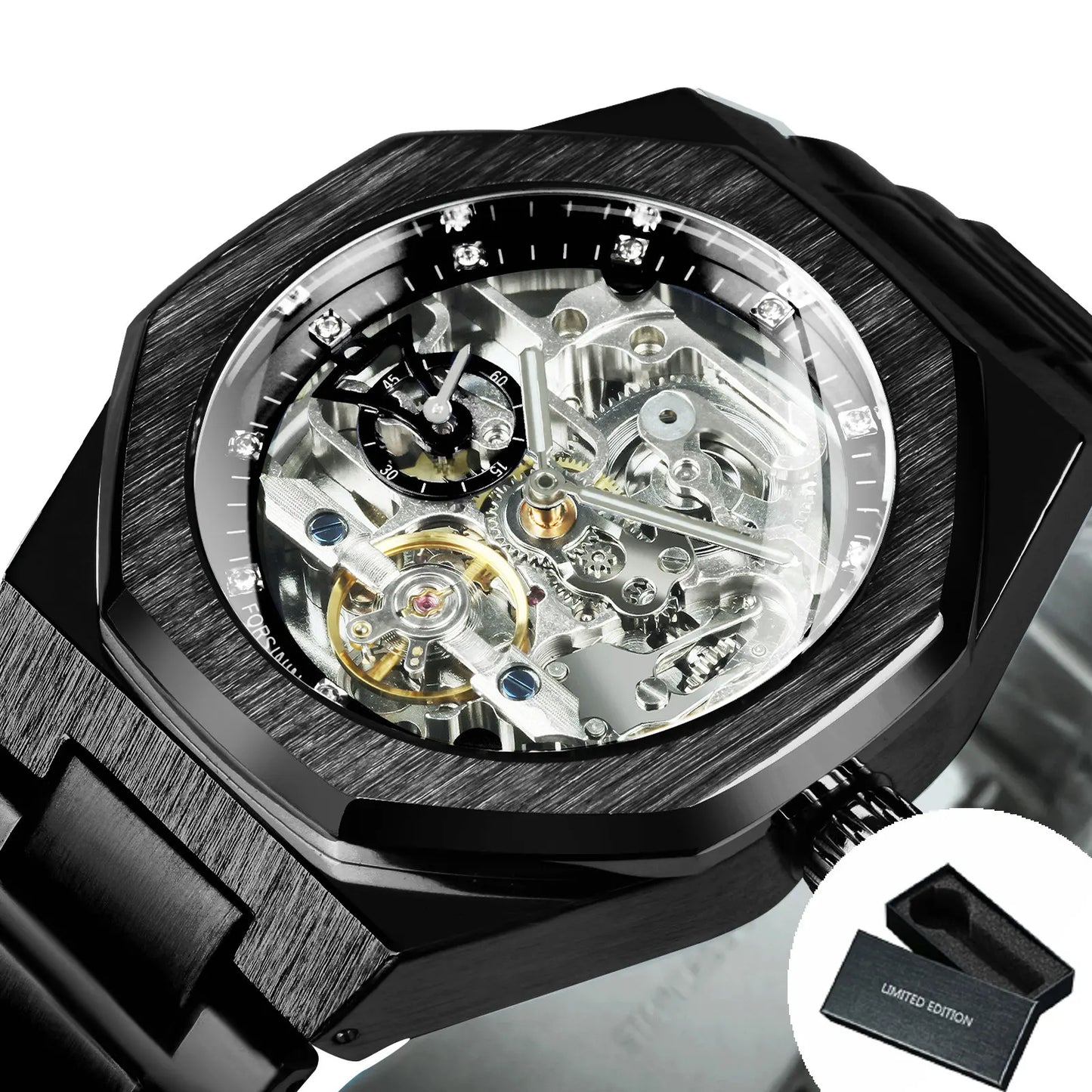 Forsining Silver Automatic Watch Men 3D Diamond Dial Irregular Tourbillon Skeleton Mechanical Wristwatches Luminous Hands Clock