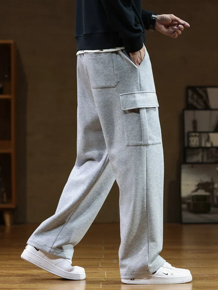 2024 New Sweatpants Men Multi-Pockets Drawstring Cotton Casual Wide Pants Male Loose Straight Trousers Large Size 8XL