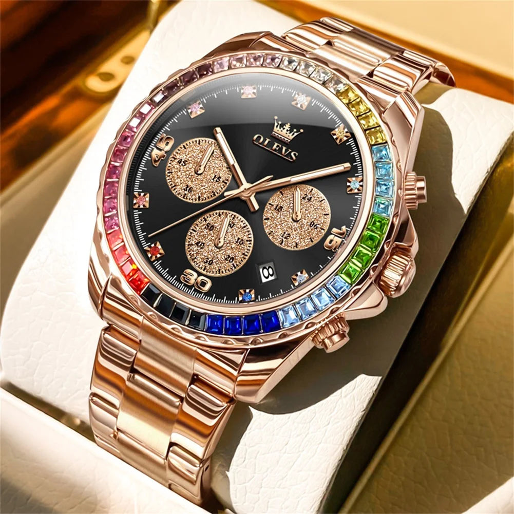 Watch for Men OLEVS Rainbow Gemstone Bezel Business Luxury Top Brand Quartz Watches Waterproof Sports Watches reloj hombre