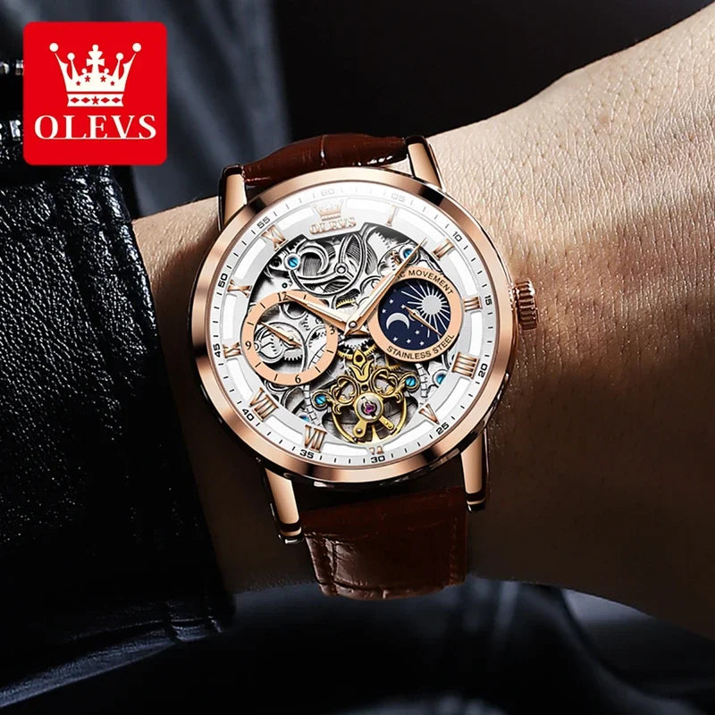 OLEVS 6670 Mechanical Fashion Watch Genuine Leather Watchband Round-dial Moon Phase Month Display