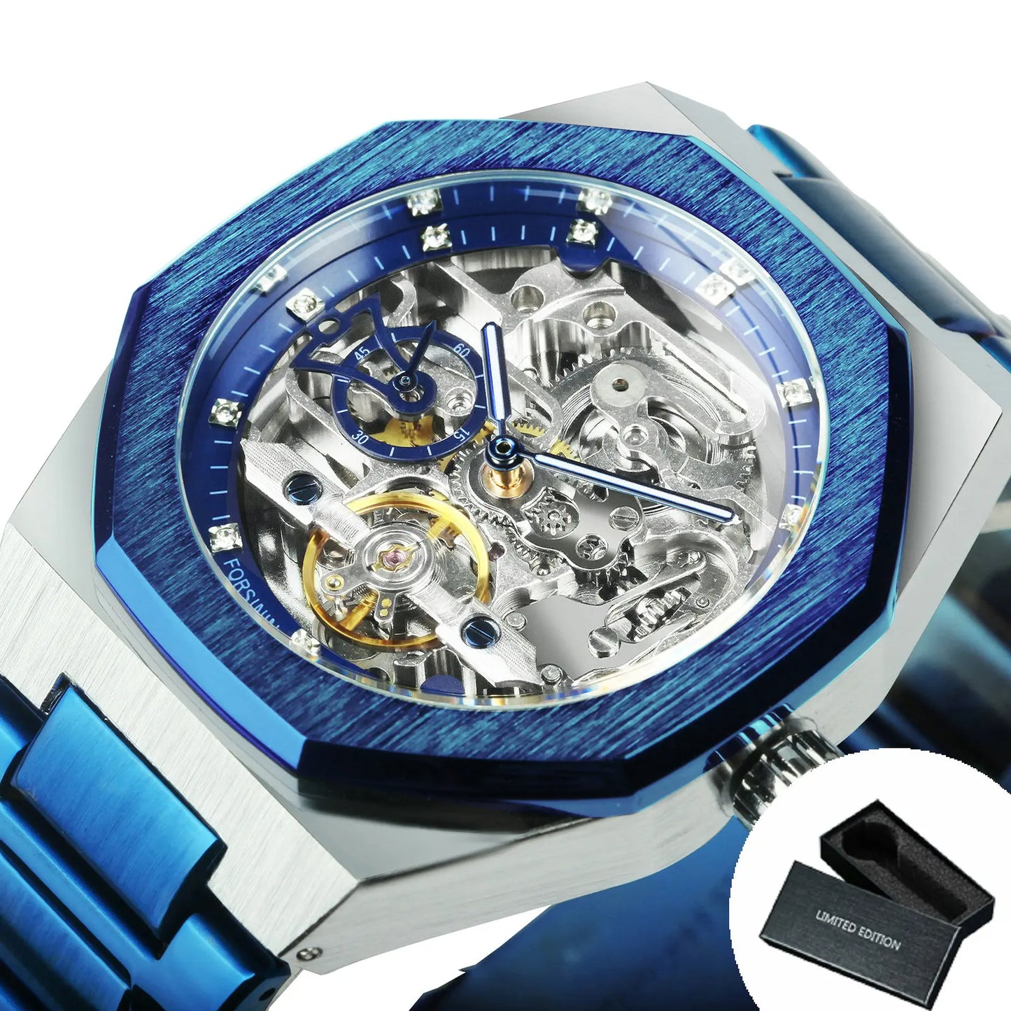 Forsining Silver Automatic Watch Men 3D Diamond Dial Irregular Tourbillon Skeleton Mechanical Wristwatches Luminous Hands Clock