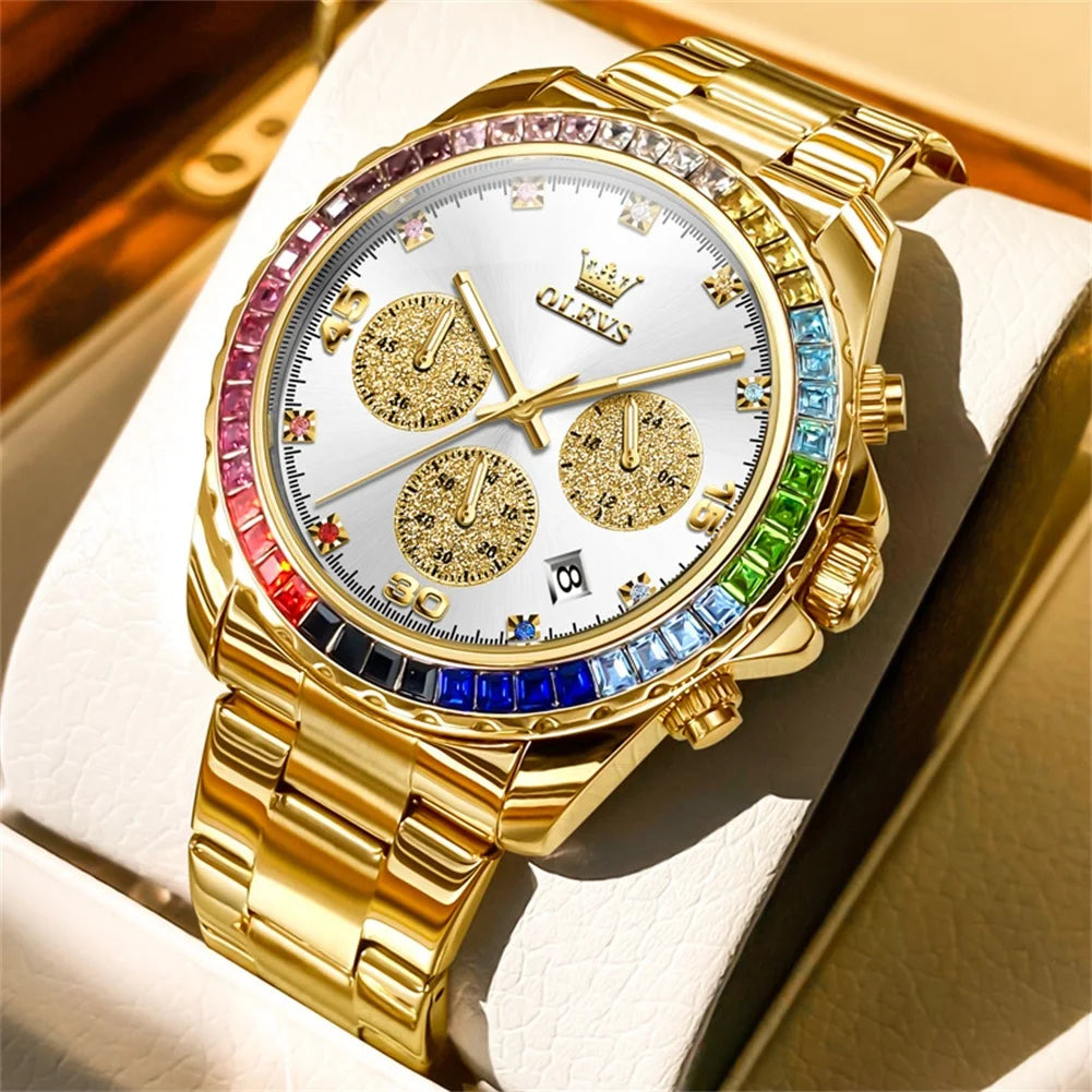 Watch for Men OLEVS Rainbow Gemstone Bezel Business Luxury Top Brand Quartz Watches Waterproof Sports Watches reloj hombre