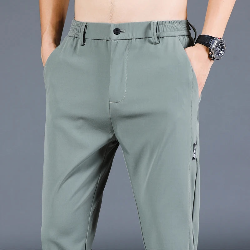 2024 Summer New Thin Ice Silk Stretch Men's Pants Casual Elastic Waist Smooth Trouser Pants Male Brand Clothing 5 Colour