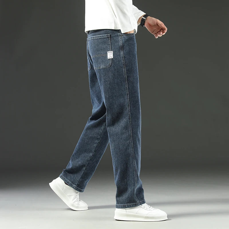 Men's Jeans Spring Autumn Thick Business Casual Loose Straight Slim Denim Trousers Classic