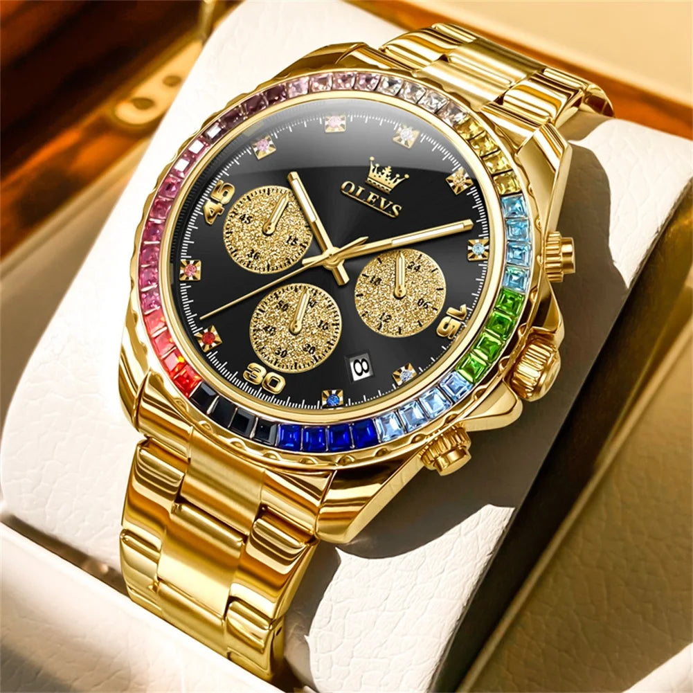 Watch for Men OLEVS Rainbow Gemstone Bezel Business Luxury Top Brand Quartz Watches Waterproof Sports Watches reloj hombre