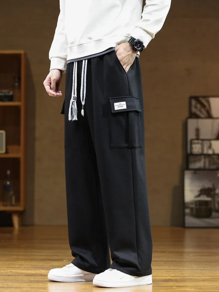 2024 New Sweatpants Men Multi-Pockets Drawstring Cotton Casual Wide Pants Male Loose Straight Trousers Large Size 8XL