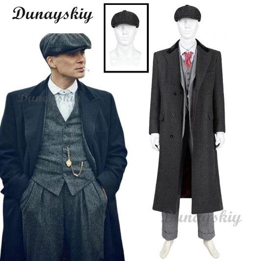 Tommy Shelby Cosplay Costume Hats Man Peaky 6 Long Trench Coat Suit Outfit Full Set Retro British Newsboy Cap Gatsby Octagonal