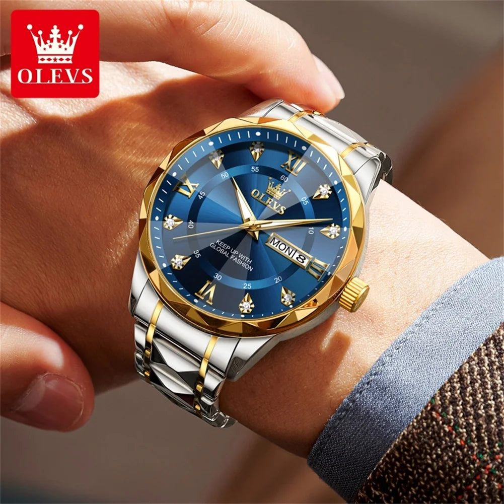 OLEVS Mens Watch Original Fashion Quartz Wristwatch Waterproof Lumi Men Dual Calendar luxury