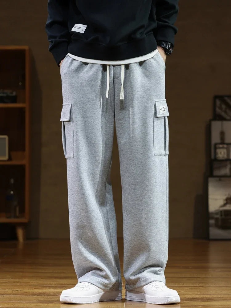 2024 New Sweatpants Men Multi-Pockets Drawstring Cotton Casual Wide Pants Male Loose Straight Trousers Large Size 8XL