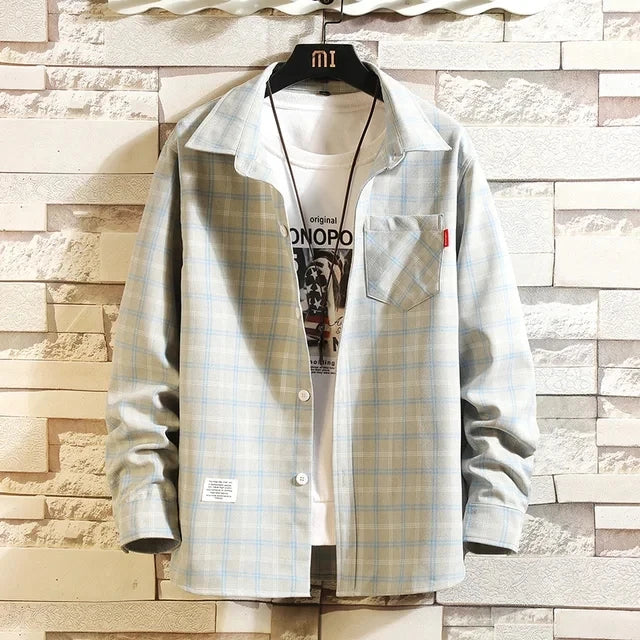 2024 New Summer Men's Plaid Shirt Button Pocket Casual Fashion Elegant Long sleeve Shirt Turn Down Collar