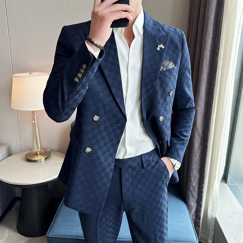 (Jacket+Pants) 2 Pieces Blue Apricot Business Party Men Suits Double Breasted Formal Style Custom Made Wedding Groom Tuxedos