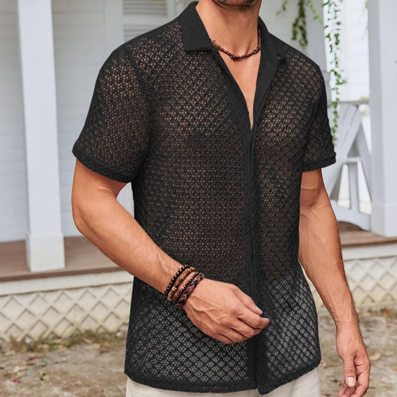 Fashion Solid Color Polo Collar Short Sleeve Mesh Shirt Men's Tops