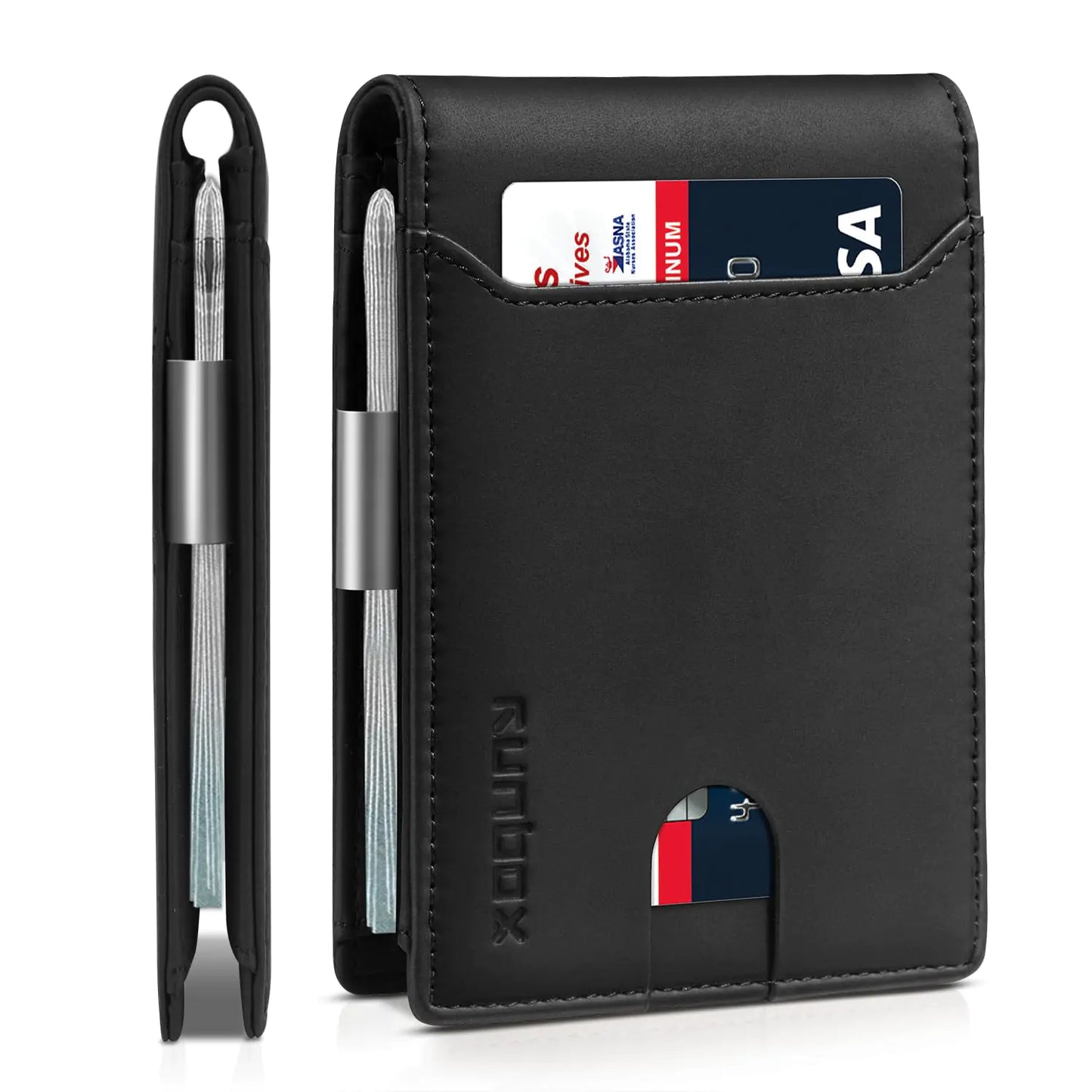 RUNBOX Slim Wallets for Men - Leather Money Clip Mens Wallet - RFID Blocking Front Pocket Bifold Wallet - Thin Credit Card Holder with Gift Box Bicolor Crazy Horse Black