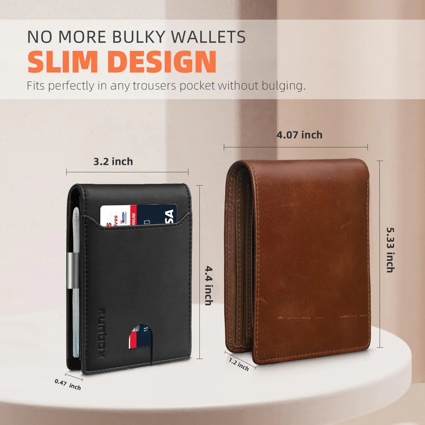 RUNBOX Slim Wallets for Men - Leather Money Clip Mens Wallet - RFID Blocking Front Pocket Bifold Wallet - Thin Credit Card Holder with Gift Box Bicolor Crazy Horse Black